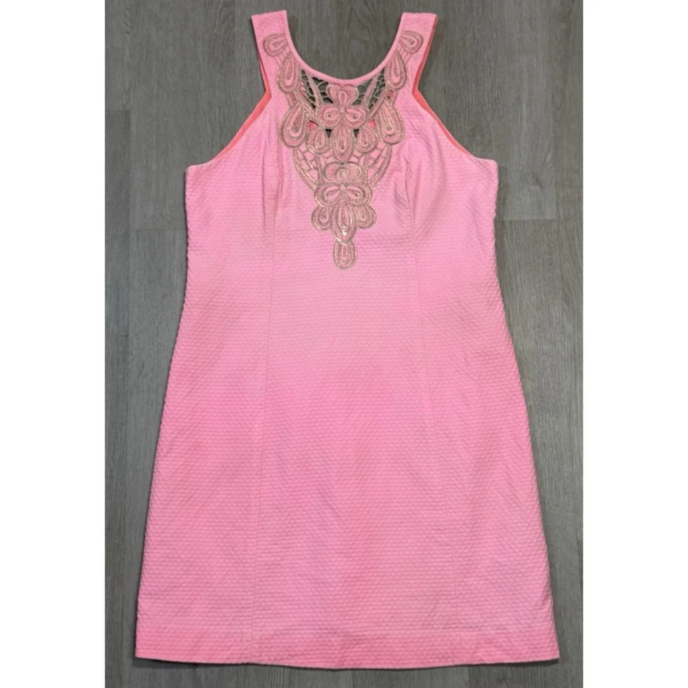 Lilly Pulitzer Largo Shift Dress Women's Size 8 Sun Ray Gold Embroidered Zip - Picture 2 of 12